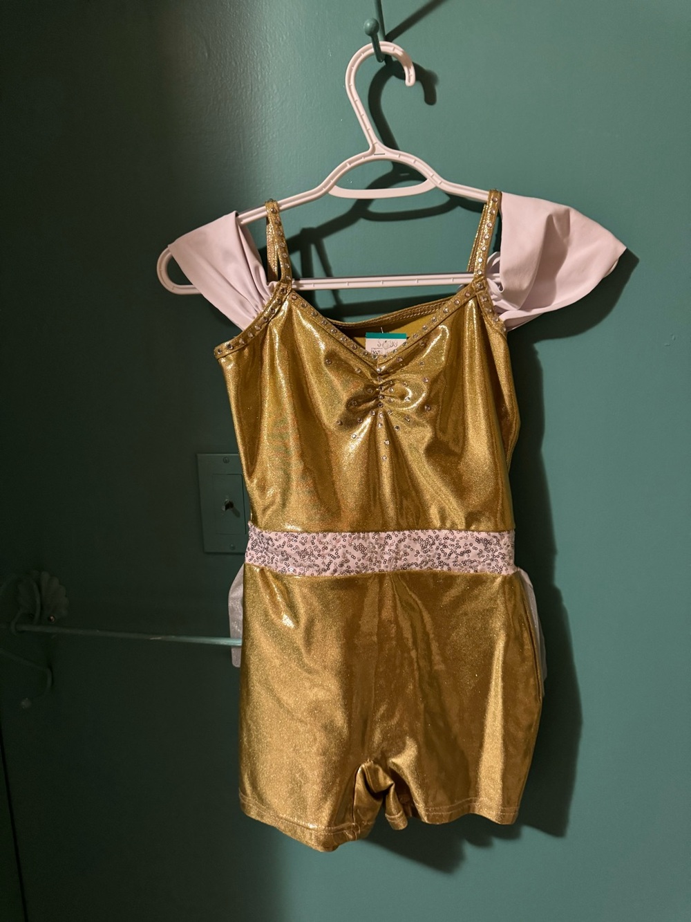 Gold Sparkle Dance Romper with white Puff Sleeves